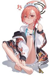 Rule 34 | 1girl, absurdres, ahoge, anger vein, barefoot, blue archive, blush, earrings, feet, feibai, halo, highres, jewelry, looking at viewer, middle finger, mole, mole under eye, neru (blue archive), orange hair, red eyes, soles, solo, toenails, toes