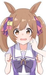 Rule 34 | 1girl, animal ears, brown hair, collarbone, commentary request, embarrassed, hair ribbon, highres, horse ears, looking at viewer, medium hair, open mouth, pinching, pov, pov hands, ribbon, school uniform, simple background, smart falcon (umamusume), solo, tears, tracen school uniform, umamusume, white background, yukia2
