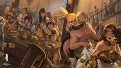 Rule 34 | 6+boys, 6+girls, abs, apple, arm behind head, armband, armor, artist name, bad id, bandages, bare pectorals, bare shoulders, barrel, basket, blonde hair, book, boots, bowl, bra, bracelet, bread, brown eyes, brown hair, candle, candle wax, candlelight, candlestand, cape, capelet, chair, cheering, chicken (food), circlet, clenched teeth, closed eyes, coin, collarbone, column, cup, dark skin, dutch angle, earrings, eating, fighting, food, fruit, gisuka yan, glasses, grey eyes, hand on own hip, head rest, highres, indoors, jewelry, jug (bottle), long hair, mask, multiple boys, multiple girls, muscular, navel, ninja, one eye closed, open mouth, pauldrons, pectorals, pillar, pitcher (container), plate, ponytail, red hair, scar, scimitar, screaming, short hair, shoulder armor, shoulder blades, side ponytail, smile, smirk, spilling, spoon, sword, table, tail, tattoo, tavern, tears, teeth, the war of genesis, torn clothes, tray, unamused, underwear, watermelon, wavy hair, weapon, white hair, yellow eyes