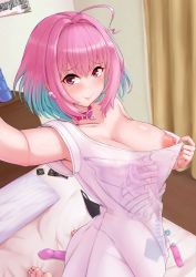 Rule 34 | 1girl, ahoge, barefoot, bed, bed sheet, blue hair, blush, breasts, closed mouth, collar, collarbone, condom, condom wrapper, cream cod, curtains, dildo, earrings, feet, flashing, from above, highres, idolmaster, idolmaster cinderella girls, indoors, jewelry, kneeling, large breasts, looking at viewer, matching hair/eyes, multicolored hair, nipples, no bra, off shoulder, pillow, pink eyes, pink hair, pink shirt, selfie, sex toy, shirt, short hair, smile, soles, solo, toes, two-tone hair, wooden floor, yumemi riamu
