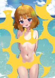 Rule 34 | 1girl, ahoge, arms behind back, bare shoulders, blush, bright pupils, brown hair, c (theta), censored, cowboy shot, highres, idolmaster, idolmaster million live!, looking at viewer, navel, outdoors, solo, suou momoko