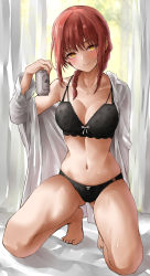 Rule 34 | 1girl, absurdres, bare shoulders, beer can, black bra, black panties, blush, bra, braid, braided ponytail, breasts, can, chainsaw man, cleavage, collarbone, collared shirt, dress shirt, drink can, full body, gluteal fold, highres, holding, holding can, kneeling, lds (dstwins97), long hair, long sleeves, looking at viewer, makima (chainsaw man), medium breasts, navel, off shoulder, open clothes, open shirt, panties, red hair, revision, ringed eyes, shirt, smile, solo, stomach, sweat, thighs, tiptoes, underwear, white shirt, yellow eyes