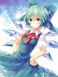 Rule 34 | 1girl, blue dress, blue eyes, blue hair, blush, bow, cirno, dress, hair bow, hands on own hips, looking at viewer, matching hair/eyes, puffy sleeves, shirt, short sleeves, smile, solo, suzuna (mark of luck), touhou