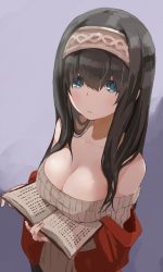 Rule 34 | 1girl, absurdres, beige sweater, black hair, blue background, blue eyes, blush, book, breast rest, breasts, carried breast rest, carrying, cleavage, from above, hair between eyes, hairband, highres, holding, holding book, idolmaster, idolmaster cinderella girls, large breasts, long hair, looking at viewer, nejiresyake, off shoulder, parted lips, ribbed sweater, sagisawa fumika, simple background, solo, sweater