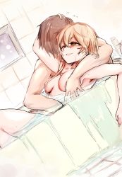 Rule 34 | 1boy, 1girl, 2poet, armpits, bath, bathing, bathtub, blonde hair, blush, breasts, brown hair, commentary request, convenient censoring, girls&#039; frontline, hand on another&#039;s head, hetero, korean commentary, long hair, medium breasts, mixed-sex bathing, nude, one eye closed, ots-14 (girls&#039; frontline), overflowing, overflowing bath, shared bathing, short hair, smile, water
