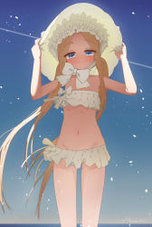 Rule 34 | 1girl, abigail williams (fate), abigail williams (swimsuit foreigner) (fate), abigail williams (swimsuit foreigner) (third ascension) (fate), absurdres, bikini, bikini skirt, blonde hair, blue background, blue eyes, blush, bonnet, bow, closed mouth, contrail, fate/grand order, fate (series), hands up, hat, highres, long hair, looking at viewer, miniskirt, mountain han, navel, pleated skirt, quad tails, side-tie skirt, skirt, smile, solo, standing, sun hat, swimsuit, twintails, very long hair, white bikini, white bow, white skirt