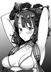 Rule 34 | 1girl, armpits, arms behind back, bikini, blunt bangs, blush, breasts, bright pupils, fate/grand order, fate (series), gradient background, grey background, greyscale, hair ornament, hairband, hands up, hiroya juuren, katsushika hokusai (fate), katsushika hokusai (swimsuit saber) (fate), long hair, looking at viewer, low twintails, medium breasts, monochrome, parted lips, presenting armpit, solo, swimsuit, twintails, upper body, white pupils, wide-eyed