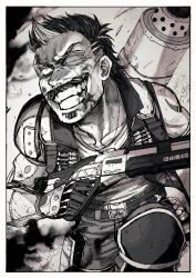 Rule 34 | 1boy, absurdres, animification, apex legends, belt, blood, blood on face, bullet, crazy smile, eyepatch, facial hair, fuse (apex legends), greyscale, gun, hair behind ear, highres, holding, holding gun, holding weapon, m1904 mastiff, male focus, mechanical arms, monochrome, multicolored hair, mustache, one eye covered, pants, shiba shiba, shirt, short hair, shotgun, single mechanical arm, smile, solo, soul patch, streaked hair, v-shaped eyebrows, vest, weapon, weapon on back