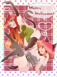 Rule 34 | 2girls, animal ears, armpits, bad id, braid, breasts, cat ears, cat girl, china dress, chinese clothes, cleavage, dress, elbow gloves, female focus, gloves, green eyes, halloween, happy halloween, hong meiling, kamiyama aya, long hair, maid, medium breasts, multiple girls, onozuka komachi, red eyes, red hair, ribbon, short hair, thighhighs, touhou, twin braids, twintails, two side up
