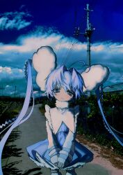 Rule 34 | 1girl, absurdres, ahoge, blue dress, blue eyes, blue hair, blue sky, blush, closed mouth, cloud, cloudy sky, commentary, cowboy shot, day, detached sleeves, dress, frilled dress, frills, fur collar, fur sleeves, hair intakes, hair ornament, head tilt, heart, heart ahoge, highres, light smile, long hair, looking at viewer, mahou tenshi-chan (numata zombie), numata zombie, original, outdoors, petticoat, photo background, power lines, short dress, sky, sleeveless, sleeveless dress, sleeves past wrists, solo, symbol-only commentary, tareme, twintails, utility pole, v arms, very long hair, wrist belt