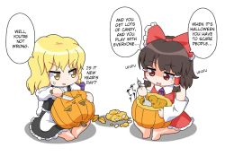 Rule 34 | 2girls, apron, ascot, bare shoulders, barefoot, black skirt, black vest, blush, bow, braid, brown hair, chibi, detached sleeves, eyebrows, food, frilled bow, frills, full body, hair bow, hair tubes, hakurei reimu, halloween, hard-translated, kirisame marisa, knife, long hair, long sleeves, looking down, motion lines, multiple girls, ponytail, pumpkin, red bow, red eyes, red vest, shaded face, sidelocks, simple background, single braid, sitting, skirt, speech bubble, sweatdrop, sweater, talking, text focus, third-party edit, touhou, translated, unachika, vegetable, vest, waist apron, white background, wing collar