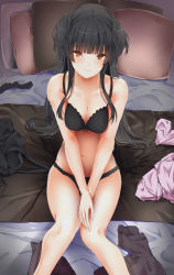 Rule 34 | 1girl, arane (lolitwin), bare shoulders, black bra, black hair, black panties, blunt bangs, blush, bra, breasts, brown eyes, cleavage, closed mouth, unworn clothes, collarbone, idolmaster, idolmaster shiny colors, long hair, looking at viewer, mayuzumi fuyuko, medium breasts, navel, on bed, own hands together, panties, partially undressed, sitting, solo, thighs, two side up, underwear, underwear only