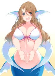 Rule 34 | 1girl, absurdres, bad id, bad pixiv id, bikini, bikini top only, blush, breasts, brown hair, cleavage, fang, fins, fish tail, front-tie top, gradient background, grey eyes, hair ornament, hairclip, head fins, heart, heart hands, highres, large breasts, long hair, looking at viewer, mermaid, monster girl, navel, open mouth, original, simple background, smile, solo, suruga (xsurugax), sweat, swimsuit, tail, white bikini