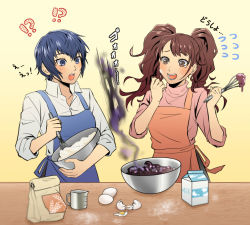 Rule 34 | !?, 2girls, apron, blue eyes, blue hair, blush, brown eyes, brown hair, collared shirt, commentary request, cooking, egg, flour, highres, kujikawa rise, long hair, multiple girls, open mouth, per runrun, persona, persona 4, shirogane naoto, shirt, short hair, sweater, turtleneck, turtleneck sweater, twintails, white hair