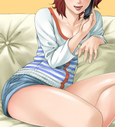Rule 34 | 1girl, bad id, bad pixiv id, breasts, brown hair, cellphone, cleavage, couch, hanamura, head out of frame, lips, original, phone, shorts, sitting, solo, talking on phone, thighs
