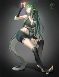 Rule 34 | 1girl, absurdres, arknights, bare shoulders, black gloves, black shorts, black thighhighs, breasts, crocodilian tail, crop top, fingerless gloves, gavial (arknights), gavial the invincible (arknights), gloves, green hair, grey background, groin, hand up, highres, holding, large breasts, long hair, midriff, navel, nigate, no shoes, ponytail, shorts, solo, stomach, tail, thighhighs, thighs, very long hair, yellow eyes