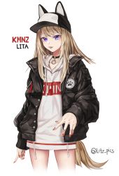 Rule 34 | 1girl, :p, bad id, bad twitter id, bare legs, baseball cap, black jacket, blonde hair, blue eyes, character name, dog tail, hat, hat with ears, hood, hood down, hoodie, jacket, kmnz, long hair, long sleeves, mc lita, nail polish, nlitz, no pants, open clothes, open jacket, paw print, red nails, simple background, tail, tongue, tongue out, twitter username, virtual youtuber, white background