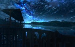 Rule 34 | abisswalker8, absurdres, arch, blue sky, bridge, canopy (shelter), city, cloud, commentary, fence, highres, huge filesize, mountain, mountainous horizon, night, night sky, no humans, original, outdoors, reflection, rust, scenery, sky, star (sky), starry sky, station, viaduct, water