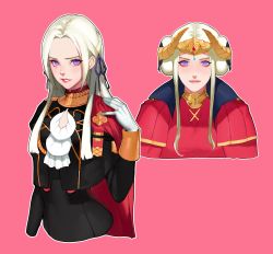 Rule 34 | 2girls, absurdres, ankle boots, blonde hair, blue eyes, boots, cape, ascot, crown, dual persona, edelgard von hresvelg, fire emblem, fire emblem: three houses, gloves, hair ornament, hair ribbon, highres, horns, jewelry, multiple girls, nintendo, aged up, pantyhose, red cape, red legwear, ribbon, simple background, uniform, zelus