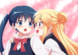 Rule 34 | 10s, 2girls, bassa, blonde hair, blue eyes, blue hair, blue vest, blush, bow, bowtie, commentary, hair bun, hair ornament, hands on another&#039;s shoulders, highres, kin-iro mosaic, komichi aya, kujou karen, long hair, looking at another, multiple girls, open mouth, pink background, purple eyes, red bow, red bowtie, school uniform, short sleeves, single hair bun, smile, sweater vest, twintails, vest, x hair ornament