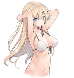 Rule 34 | 1girl, armpits, arms up, bare arms, bare shoulders, bikini, blonde hair, blue eyes, breasts, cleavage, collarbone, commentary request, cropped torso, front-tie bikini top, front-tie top, hair between eyes, hair tie, hair tie in mouth, halterneck, long hair, looking at viewer, medium breasts, mouth hold, navel, original, poco (asahi age), simple background, solo, stomach, swimsuit, white background, white bikini