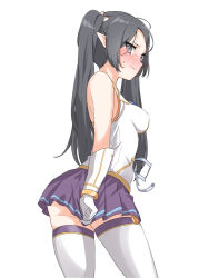 Rule 34 | 1girl, arched back, bare shoulders, black hair, blush, bow, bracelet, breasts, character request, closed mouth, clothes pull, contrapposto, copyright request, covering ass, covering privates, cowboy shot, dulldull, embarrassed, from side, furrowed brow, gloves, gold bracelet, gold trim, grey eyes, hair bow, impossible clothes, jewelry, long hair, looking at viewer, looking to the side, medium breasts, miniskirt, nose blush, parted bangs, pleated skirt, pointy ears, pulled by self, purple skirt, shirt, simple background, skirt, skirt pull, sleeveless, sleeveless shirt, solo, thighhighs, tsurime, twintails, wavy mouth, white background, white gloves, white shirt, white thighhighs