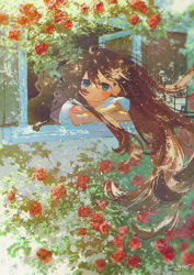 Rule 34 | 1girl, blue eyes, blush, brown hair, cat, closed mouth, commentary request, crossed arms, dappled sunlight, day, flower, highres, light particles, long hair, looking outside, original, plant, potg (piotegu), red flower, red rose, rose, shirt, signature, solo, sunlight, vines, white shirt, window
