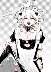 Rule 34 | 1boy, :d, alternate costume, apron, arm at side, armband, black bow, black dress, blush, bow, bow choker, choker, cleavage cutout, closed eyes, clothes lift, clothing cutout, cowboy shot, crossdressing, danganronpa (series), danganronpa 2: goodbye despair, dress, english text, frilled armband, frilled choker, frilled dress, frills, gloves, hair between eyes, hair bow, highres, komaeda nagito, korean text, maid, maid apron, maid headdress, male focus, male maid, mixed-language text, open mouth, outline, plaid, plaid background, puffy short sleeves, puffy sleeves, seumol sx, short hair, short sleeves, single glove, skirt, skirt lift, smile, solo, square neckline, teeth, thighhighs, upper teeth only, white apron, white bow, white gloves, white hair, white outline