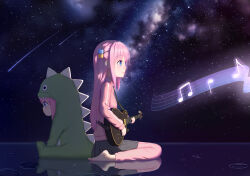 Rule 34 | 2girls, abwan, beamed eighth notes, black skirt, blue eyes, bocchi the rock!, closed mouth, commentary request, cube hair ornament, dinosaur costume, dual persona, eighth note, electric guitar, gotoh hitori, guitar, hair ornament, highres, holding, holding instrument, instrument, jacket, long hair, multiple girls, musical note, night, night sky, one side up, pants, pants under skirt, pink hair, pink jacket, pink pants, pleated skirt, quarter note, ripples, sitting, skirt, sky, star (sky), starry sky, track jacket, track pants, track suit, very long hair, wariza