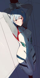 Rule 34 | 1girl, absurdres, armpits, arms up, ayanami rei, blue hair, blush, bodysuit, breasts, commentary, evangelion: 3.0+1.0 thrice upon a time, full body, highres, indoors, interface headset, looking at viewer, lying, medium breasts, neon genesis evangelion, on back, on floor, parted lips, plugsuit, rebuild of evangelion, red eyes, romaji commentary, short hair, solo, white bodysuit, yakisobaosu