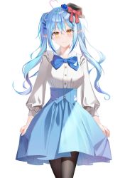 Rule 34 | 1girl, ahoge, alternate hairstyle, antenna hair, atora, bad id, bad pixiv id, black hat, black pantyhose, blouse, blue bow, blue bowtie, blue hair, blue skirt, blush, bow, bowtie, breasts, collared shirt, hair ornament, hat, heart, heart ahoge, heart antenna hair, highres, hololive, large breasts, long hair, mini hat, pantyhose, pointy ears, shirt, shirt tucked in, sidelocks, simple background, skirt, smile, solo, twintails, virtual youtuber, white background, white shirt, yellow eyes, yukihana lamy