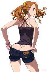 Rule 34 | 10s, 1girl, anjou naruko, ano hi mita hana no namae wo bokutachi wa mada shiranai., ass, bare arms, bare shoulders, brown eyes, brown hair, butt crack, denim, denim shorts, dressing, duplicate, earrings, female focus, from behind, hair ornament, hairclip, highres, huge ass, inconvenient ass, jewelry, looking back, md5 mismatch, nail polish, no bra, no panties, open mouth, pink nails, profile, resolution mismatch, revision, short shorts, shorts, simple background, solo, source smaller, suna (sandworks), twintails, white background