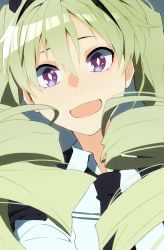 Rule 34 | 10s, 1girl, :d, anchovy (girls und panzer), drill hair, girls und panzer, green hair, grey background, highres, kofunami nana, necktie, open mouth, smile, solo, symbol-shaped pupils, twintails