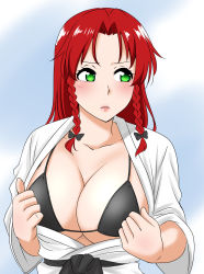 Rule 34 | 1girl, alternate costume, black bra, blue background, blush, bra, braid, breasts, cleavage, collarbone, dougi, hair ribbon, highres, hong meiling, large breasts, lips, long hair, looking away, looking to the side, open clothes, parted bangs, red hair, ribbon, self exposure, shiraue yuu, side braids, simple background, solo, straight hair, touhou, tress ribbon, twin braids, two-tone background, underwear, upper body, white background