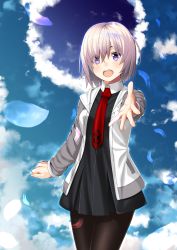 Rule 34 | 1girl, :d, black dress, black pantyhose, blue background, cloud, dress, fate/grand order, fate (series), hair over one eye, highres, jacket, looking at viewer, mash kyrielight, mugipot, necktie, open mouth, pantyhose, petals, purple eyes, purple hair, short hair, smile, solo, standing