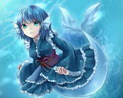 Rule 34 | 1girl, bad id, bad pixiv id, blue hair, breasts, fins, frilled kimono, frills, green eyes, head fins, highres, japanese clothes, kimono, large breasts, looking at viewer, mermaid, monster girl, obi, parted lips, richard, sash, short hair, solo, touhou, underwater, wakasagihime
