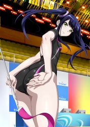 Rule 34 | 00s, 1girl, adjusting clothes, adjusting leotard, adjusting swimsuit, ass, athletic leotard, back, black hair, black legwear, breasts, female focus, from behind, from below, hair ornament, holding, huge ass, ikkitousen, indoors, leotard, long hair, looking at viewer, looking back, narrow waist, purple ribbon, ribbon, saji genpou (true), small breasts, solo, swimsuit, thighs, twintails, wide hips, yellow eyes