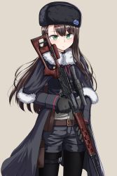 Rule 34 | 1girl, absurdres, angelica (mitsusaka mitsumi), belt, belt pouch, black coat, black gloves, black hat, black pantyhose, black shorts, borrowed character, brown hair, coat, commentary request, cowboy shot, dragunov svd, fur hat, fur trim, gloves, green eyes, grey shirt, gun, hair ornament, hairclip, hat, highres, holding, holding gun, holding weapon, leg belt, long hair, long sleeves, looking at viewer, open clothes, open coat, original, pantyhose, pouch, rifle, scope, shirt, shorts, sniper rifle, solo, standing, ushanka, weapon, yakob labo