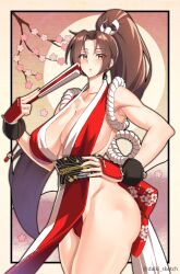 Rule 34 | 1girl, armpits, ass, bare shoulders, breasts, brown hair, cleavage, daiki sketch, fatal fury, female focus, hand fan, highres, huge breasts, long hair, panties, pelvic curtain, ponytail, shiranui mai, sleeveless, solo, the king of fighters, tree, underwear, very long hair