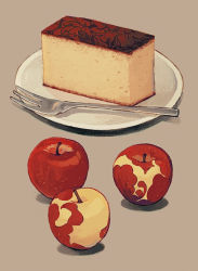 Rule 34 | apple, cake, cake slice, food, food art, fork, fruit, grey background, highres, ka (marukogedago), no humans, original, plate, simple background, still life
