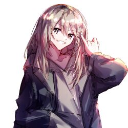 Rule 34 | 1girl, black jacket, drawstring, girls band cry, grey eyes, grey hoodie, grin, hand up, hibioes, highres, hood, hoodie, jacket, kawaragi momoka, light brown hair, long hair, open clothes, open jacket, pinky out, simple background, smile, solo, upper body, white background