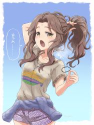 Rule 34 | 1girl, :d, ariura kanna, arm up, brown hair, curtained hair, highres, hippie, idolmaster, idolmaster cinderella girls, looking at viewer, open mouth, outdoors, parted bangs, ponytail, smile, solo, source request, sweat, swimsuit, unyon