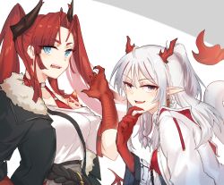 Rule 34 | 2girls, :d, arknights, bare shoulders, black jacket, blouse, blue eyes, braid, commentary request, fur-trimmed jacket, fur trim, grey background, hand up, highres, horns, jacket, long hair, looking at viewer, mabing, material growth, multiple girls, nian (arknights), off-shoulder shirt, off shoulder, open mouth, oripathy lesion (arknights), pointy ears, purple eyes, red hair, shirt, side braid, silver hair, smile, toddifons (arknights), twintails, two-tone background, upper body, white background, white jacket, white shirt