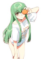 Rule 34 | 1girl, ass, c.c., closed mouth, clothes writing, code geass, cowboy shot, creayus, food, fruit, green hair, holding, holding food, holding fruit, leaning forward, long hair, looking at viewer, nail polish, red nails, shirt, short sleeves, sidelocks, simple background, solo, standing, very long hair, white background, white shirt, yellow eyes