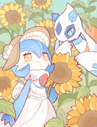 Rule 34 | 1girl, alternate color, bibi (kano2541293757), blue eyes, blue hair, blue skin, blush, blush stickers, bob cut, brown headwear, closed mouth, clothed pokemon, colored sclera, colored skin, commentary, creatures (company), day, dress, eye contact, eyelashes, flat chest, flower, froslass, fur collar, game freak, gardevoir, gen 3 pokemon, gen 4 pokemon, hair between eyes, hand to own mouth, hand up, happy, hat, hat flower, highres, holding, holding flower, looking at another, multicolored skin, nintendo, orange eyes, outdoors, pokemon, rose, shiny pokemon, short hair, sleeveless, sleeveless dress, smile, standing, sun hat, sundress, sunflower, two-tone skin, white dress, white flower, white rose, white skin, yellow sclera