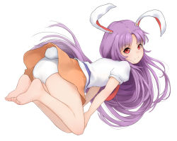 1girl animal_ears ass bad_id bad_pixiv_id barefoot belt feet feet_up female_focus from_side hands_on_own_knees kuroshiro00 legs long_hair looking_back miniskirt necktie orange_skirt panties purple_eyes rabbit_ears rabbit_girl rabbit_tail red_eyes red_necktie reisen_udongein_inaba shirt simple_background skirt smile soles solo tail toes touhou underwear upskirt very_long_hair white_background white_panties white_shirt wind wind_lift