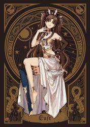 Rule 34 | 1girl, bare shoulders, breasts, brown eyes, brown hair, commentary request, earrings, elbow gloves, fate/grand order, fate (series), gloves, highres, hoop earrings, ishtar (fate), jewelry, long hair, looking at viewer, medium breasts, navel, single thighhigh, sitting, solo, thighhighs, zerocastle