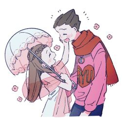Rule 34 | 1boy, 1girl, ace attorney, black hair, blush, braid, brown hair, closed eyes, clothes writing, commentary request, couple, cropped legs, dress, facing another, flower, from side, hand on another&#039;s face, hand up, hazime, heart, heart print, hetero, holding, holding umbrella, iris (ace attorney), jewelry, long hair, long sleeves, necklace, open mouth, parasol, phoenix wright, phoenix wright (nostalgic sweater), pink flower, pink sash, pink sweater, red scarf, sash, scarf, sleeveless, sleeveless dress, smile, standing, sweater, umbrella, veil, white background, white dress, white umbrella