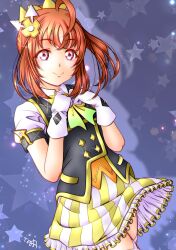Rule 34 | 1girl, absurdres, gloves, highres, looking at viewer, love live!, love live! sunshine!!, minami saan, orange hair, red eyes, short sleeves, smile, solo, takami chika, white gloves