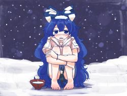 Rule 34 | 1girl, bare legs, barefoot, blue bow, blue eyes, blue hair, blue skirt, blush, bow, bracelet, cold, convenient censoring, full body, hair bow, hood, hoodie, itatatata, jewelry, long hair, looking at viewer, miniskirt, sitting, skirt, snow, snow on head, snowing, solo, stuffed animal, stuffed cat, stuffed toy, touhou, very long hair, wavy hair, winter, yorigami shion
